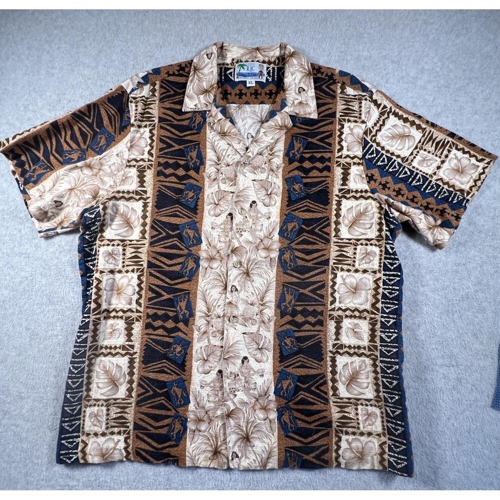 Vintage RJC Made In Hawaii Barkcloth Hula Girl Hawaiian Shirt Mens XL Brown Tan